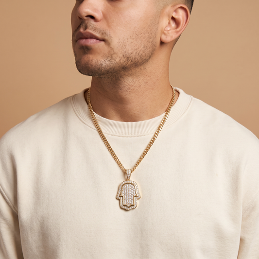 14k Gold Iced Out Hamsa Hand Pendant - Small