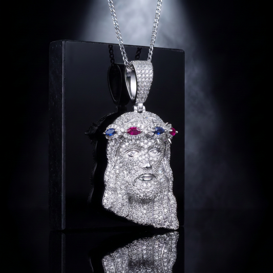 14k White Gold Iced Out Multicolor Jesus Crown of Thorns Pendant - Medium