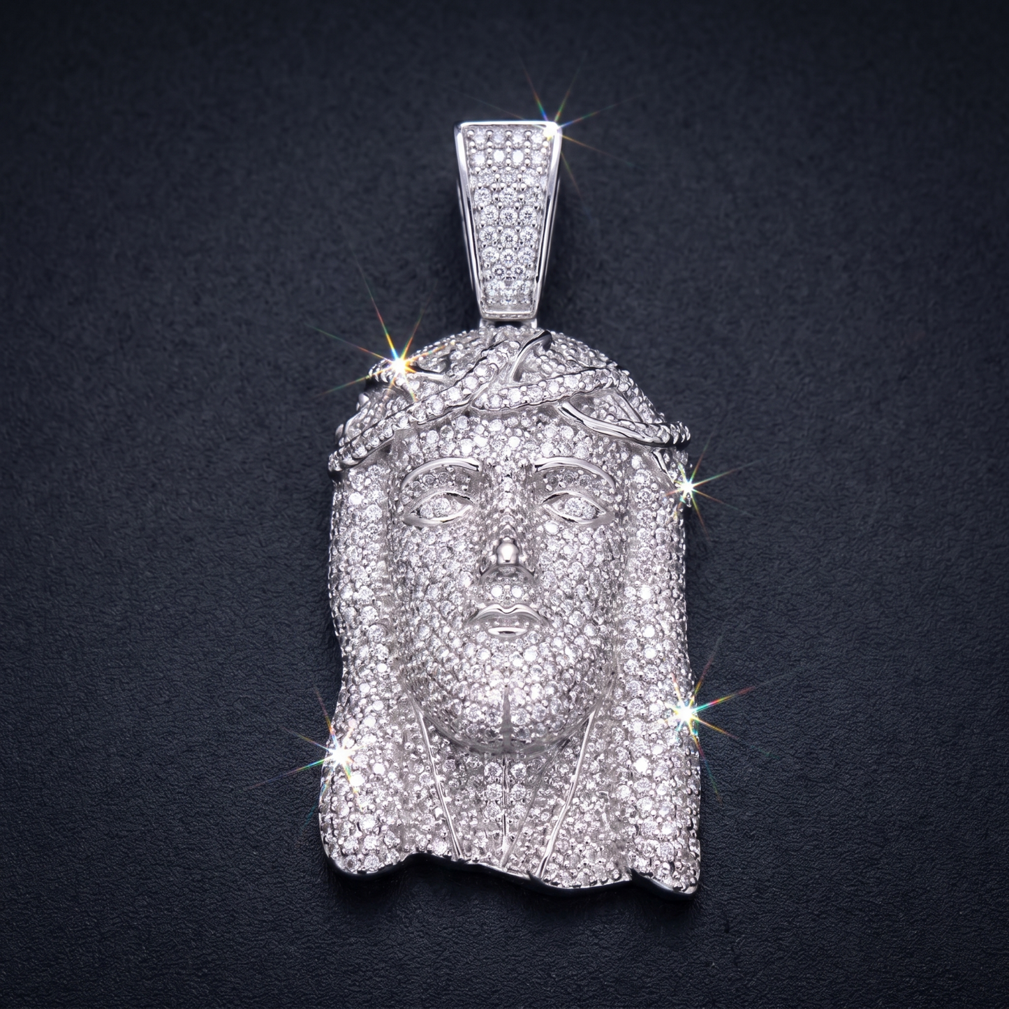 14k White Gold Iced Out Jesus Face Crown of Thorns Pendant