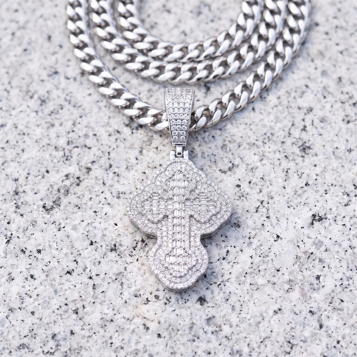 14k White Gold Iced Out 3D Iced Baguette Cross - Small