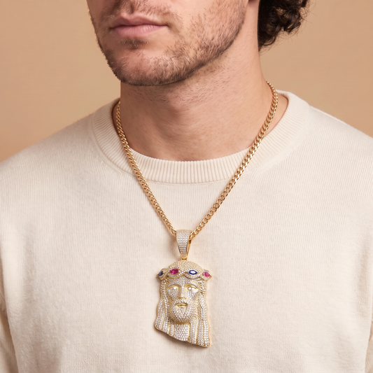 14k Gold Iced Out Multicolor Jesus Crown of Thorns Pendant - Medium