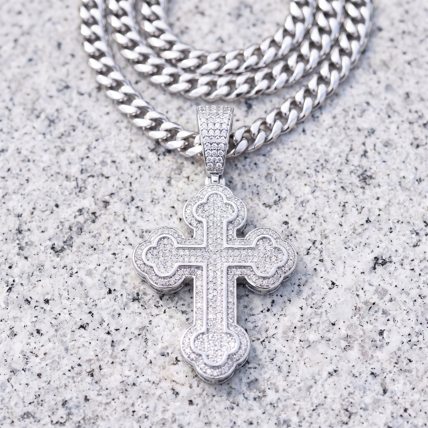 14k White Gold Iced Out Budded Cross Pendant
