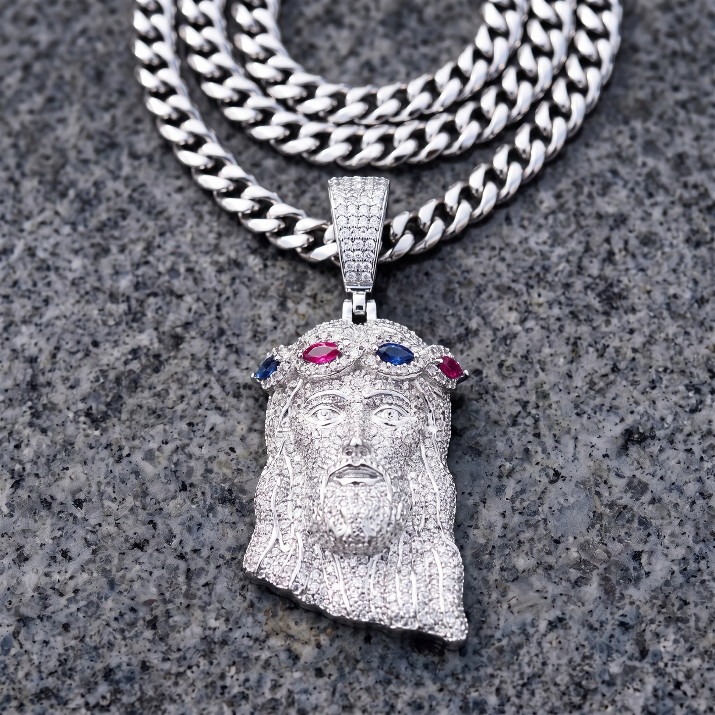 14k White Gold Iced Out Multicolor Jesus Crown of Thorns Pendant - Small
