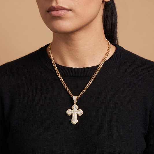 14k Gold Iced Out Budded Cross Pendant