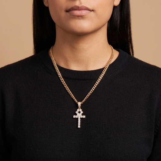 14k Gold Iced Out Tennis Ankh Cross Pendant