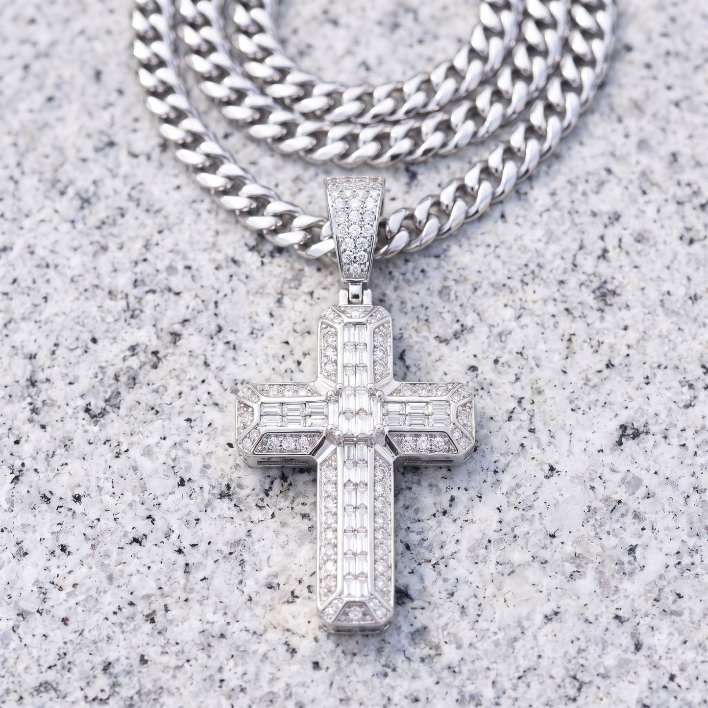 14k White Gold Iced Out 3D Iced Baguette Cross - Small