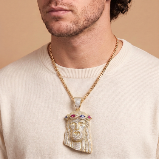 14k Gold Iced Out Multicolor Jesus Crown of Thorns Pendant - Large
