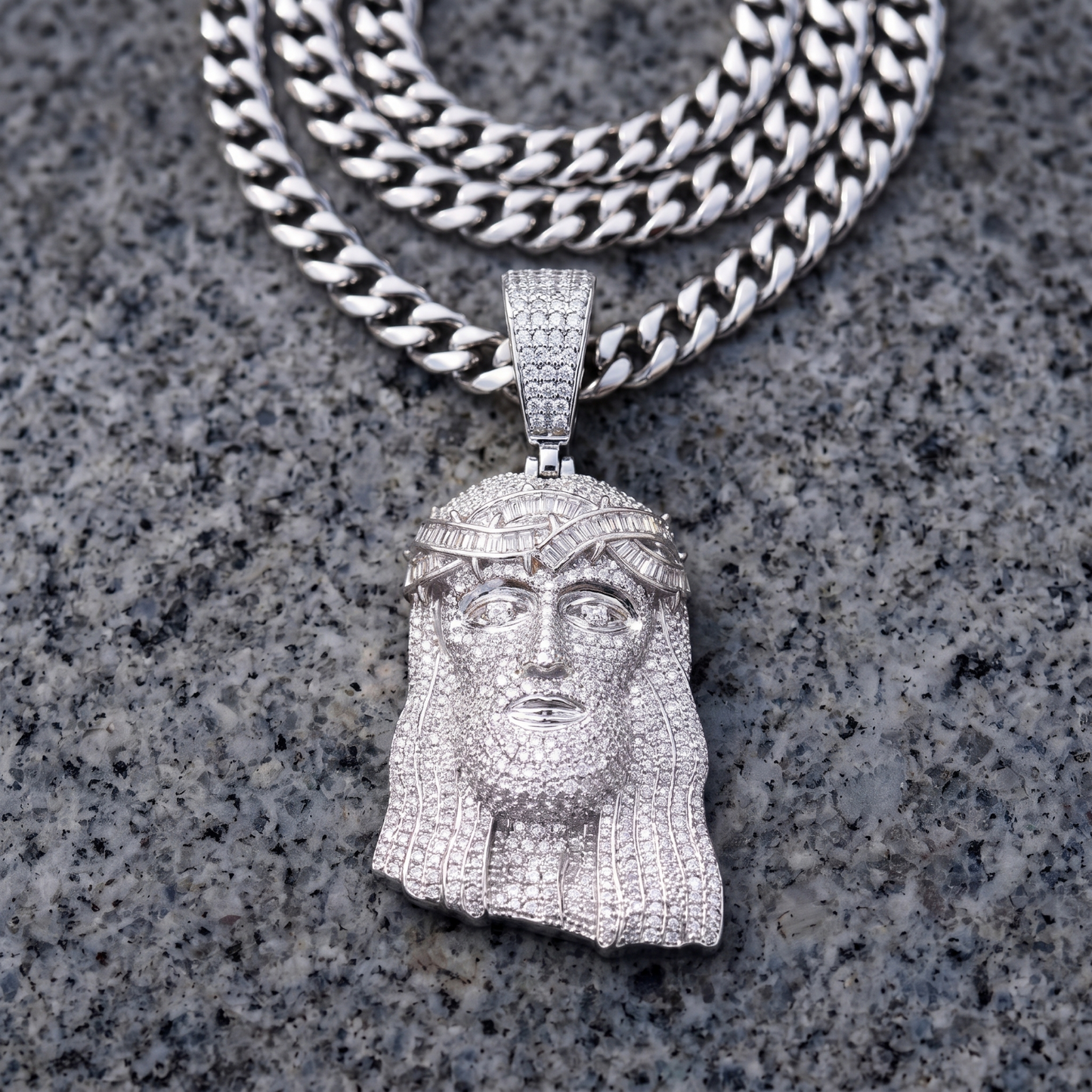 14k White Gold Iced Out Jesus Face Pendant