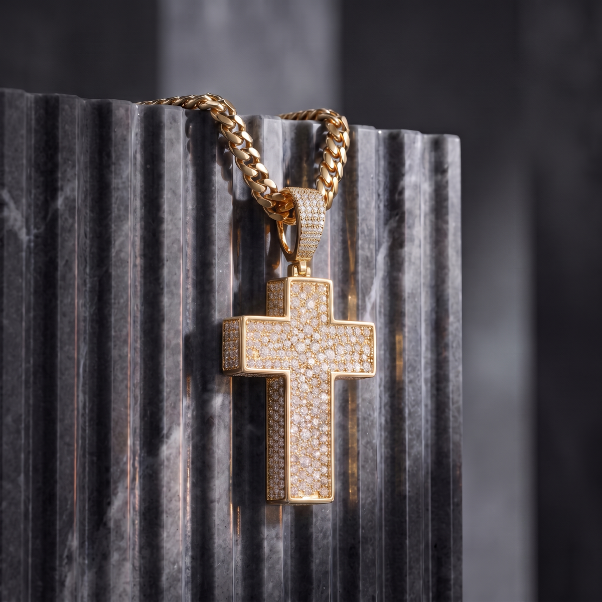 14k Gold Iced Out 3D Cross Pendant - Medium