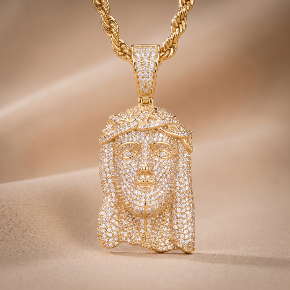 14k Gold Iced Out Jesus Face Crown of Thorns Pendant