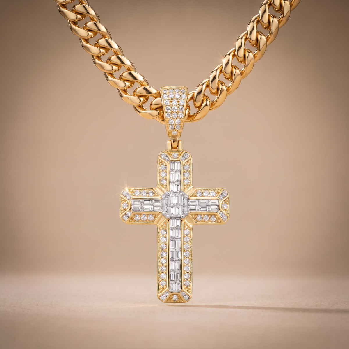 14k Gold Iced Out 3D Iced Baguette Cross - Small