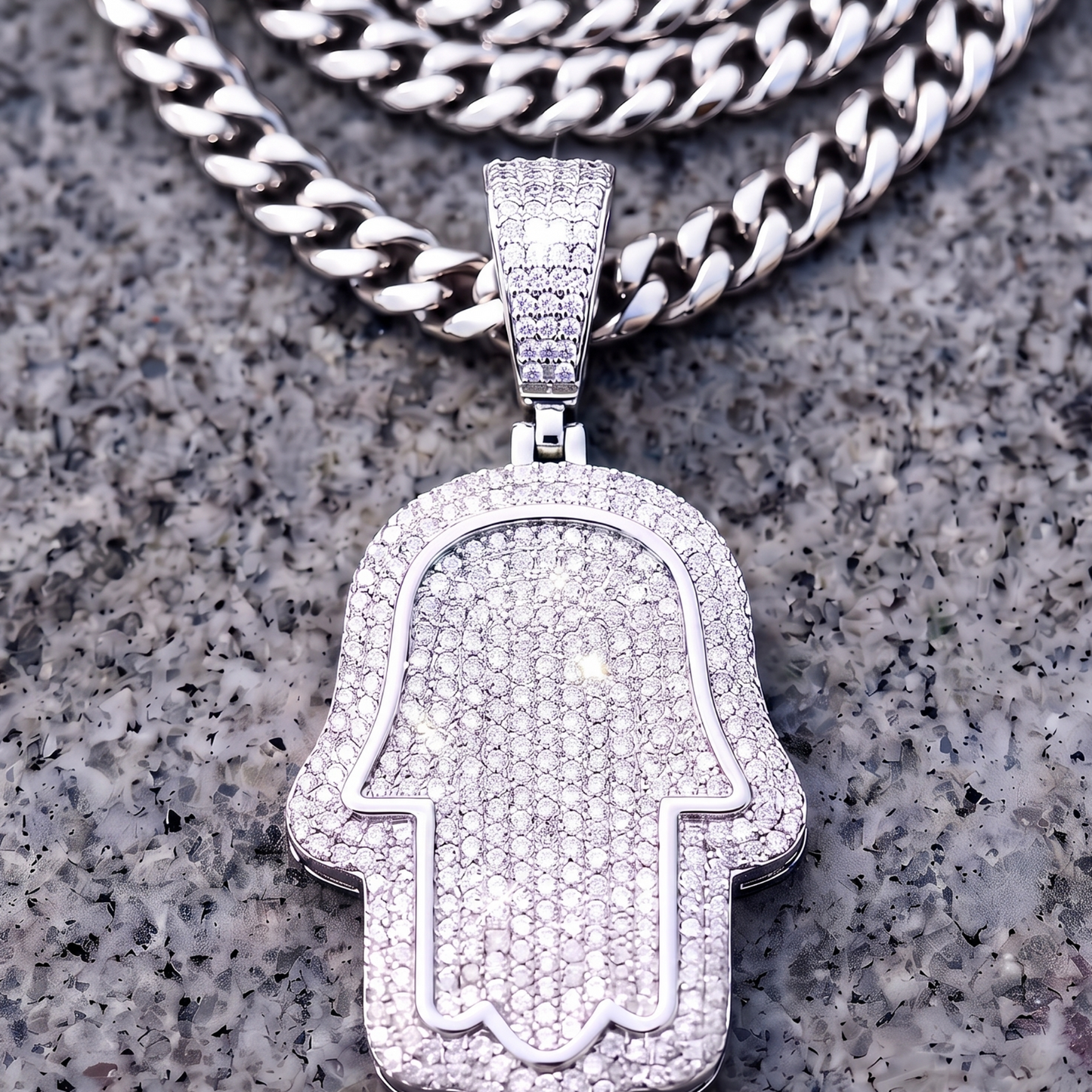 14k White Gold Iced Out Hamsa Hand Pendant - Large
