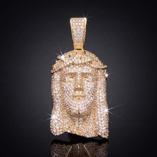 14k Gold Iced Out Jesus Face Crown of Thorns Pendant
