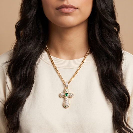 14k Gold Iced Out Ornate Green Stone Cross