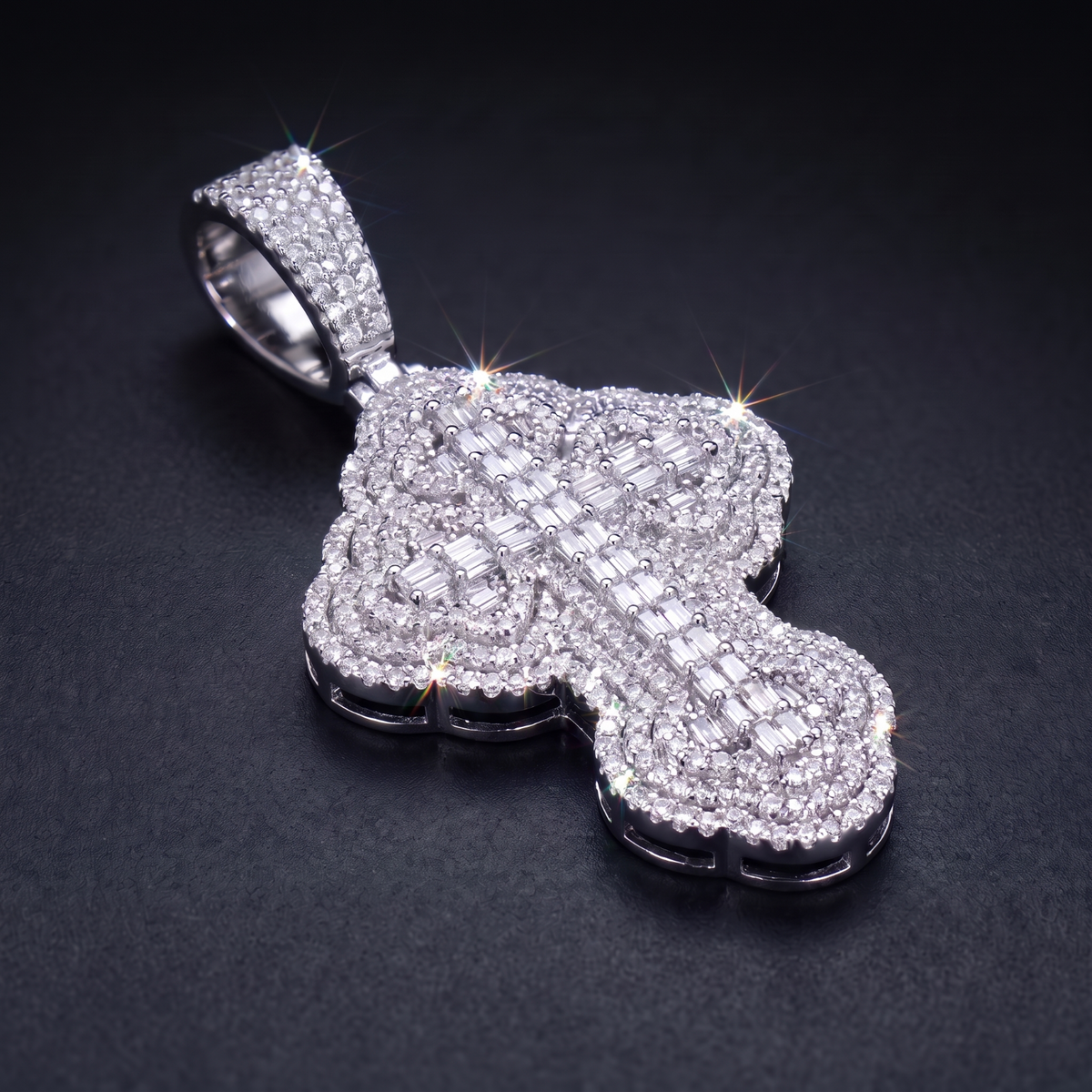 14k White Gold Iced Out 3D Iced Baguette Cross - Medium