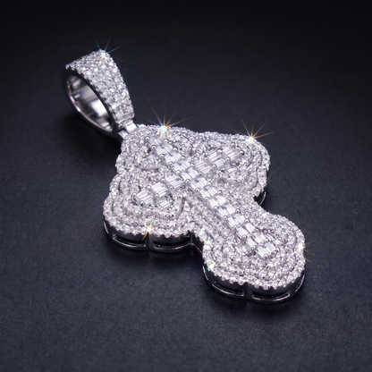 14k White Gold Iced Out 3D Iced Baguette Cross - Medium