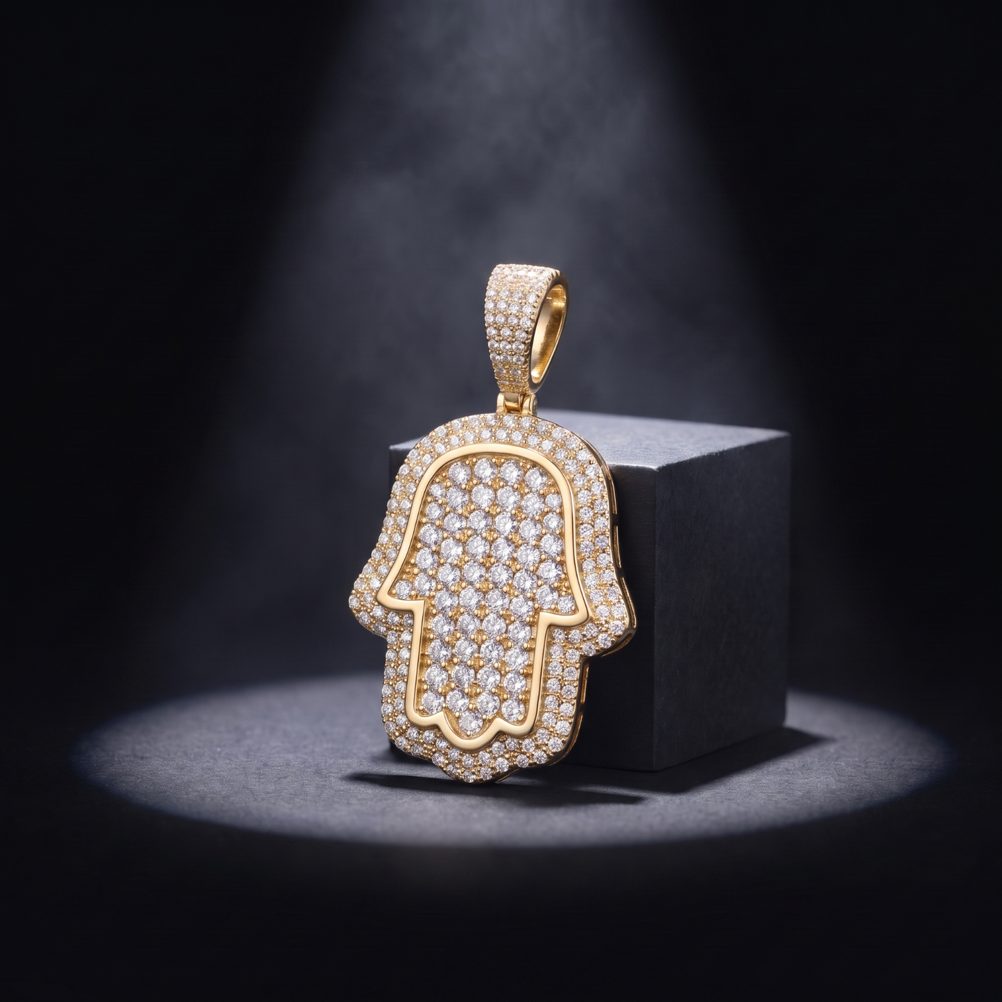 14k Gold Iced Out Hamsa Hand Pendant - Small