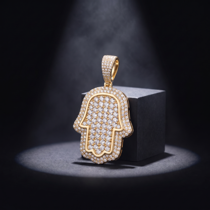 14k Gold Iced Out Hamsa Hand Pendant - Small