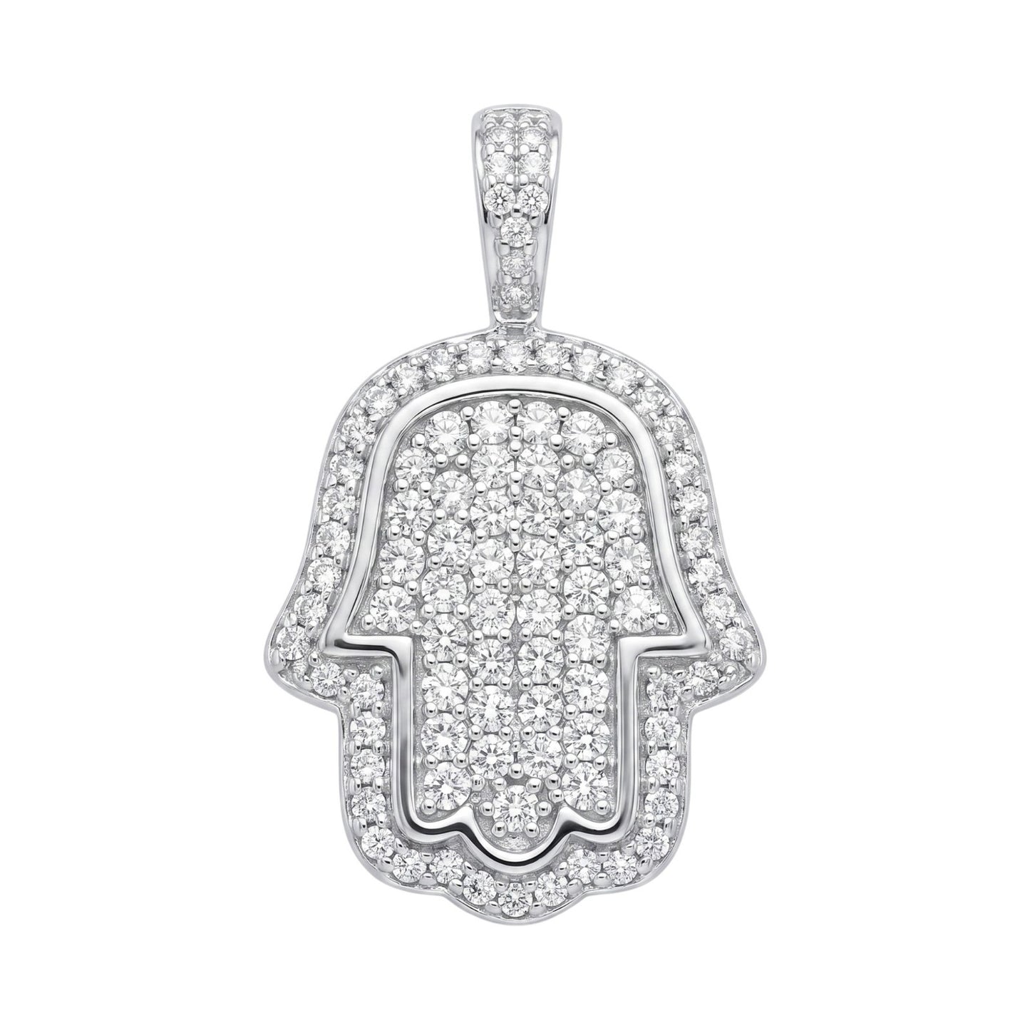 14k White Gold Iced Out Hamsa Hand Pendant - Medium