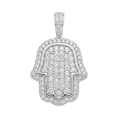 14k White Gold Iced Out Hamsa Hand Pendant - Medium