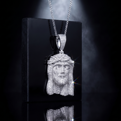 14k White Gold Iced Out Jesus Face Crown of Thorns Pendant