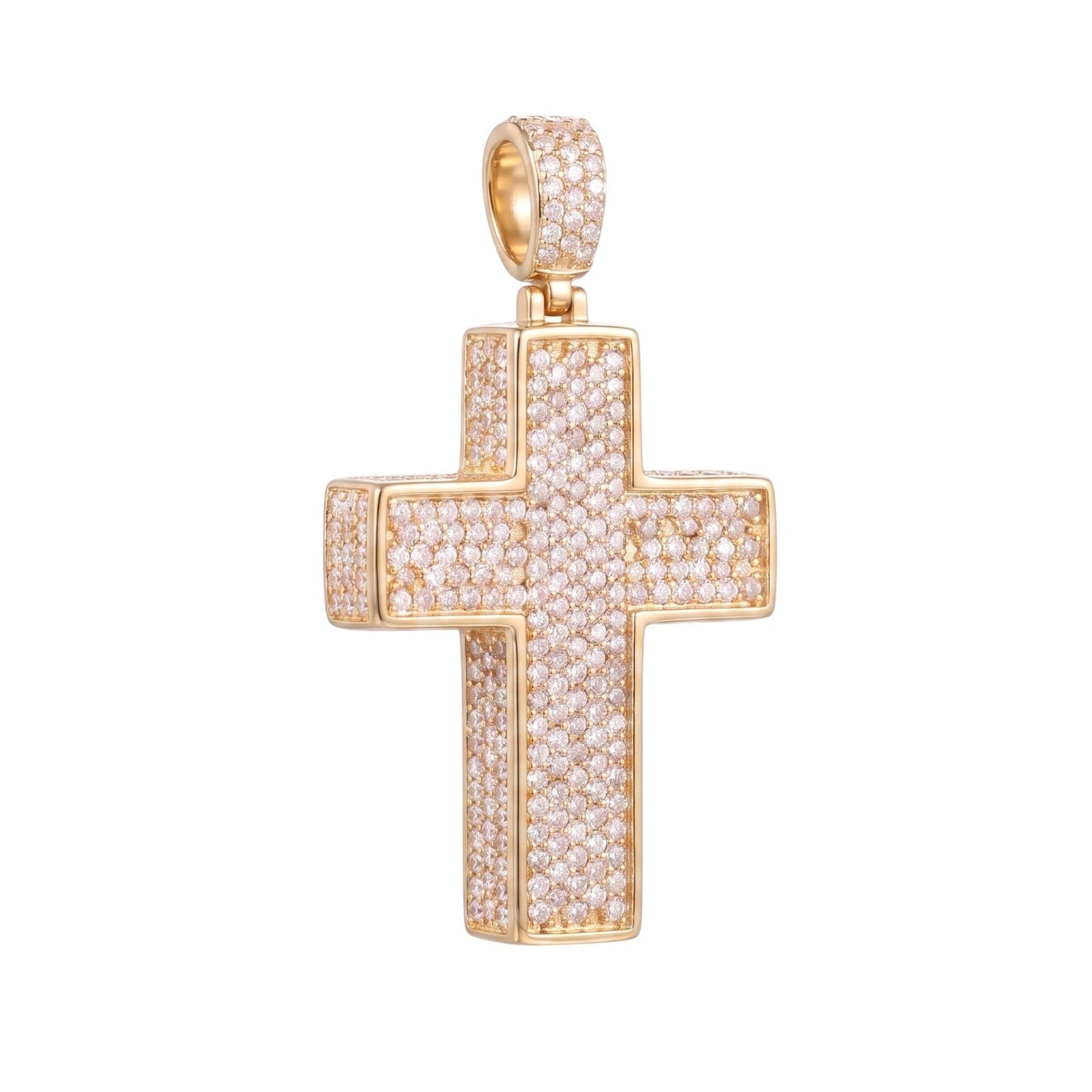 14k Gold Iced Out 3D Cross Pendant - Small