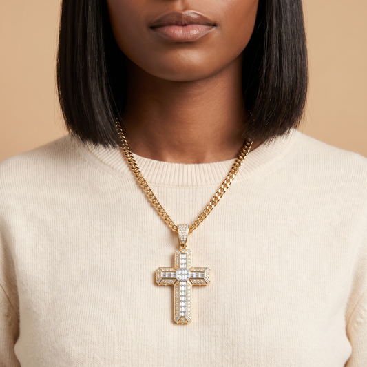 14k Gold Iced Out 3D Baguette Cross - Medium