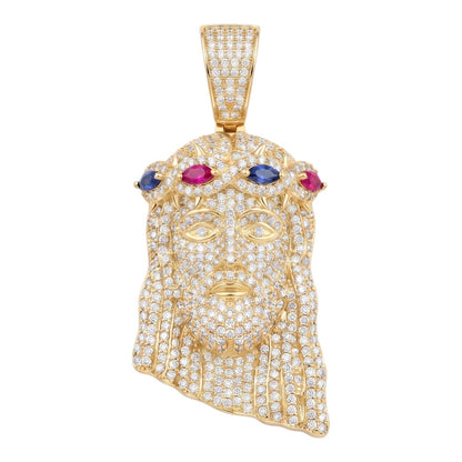 14k Gold Iced Out Multicolor Jesus Crown of Thorns Pendant - Large