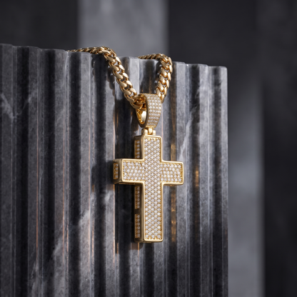 14k Gold Iced Out 3D Cross Pendant - Small
