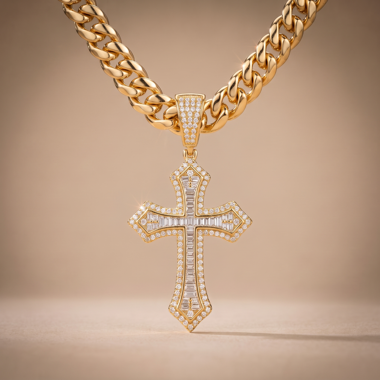 14k Gold Iced Out Baguette Cross Pendant