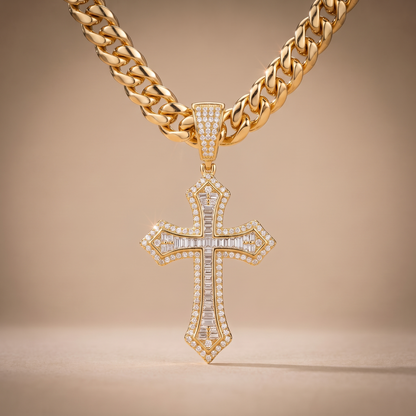 14k Gold Iced Out Baguette Cross Pendant