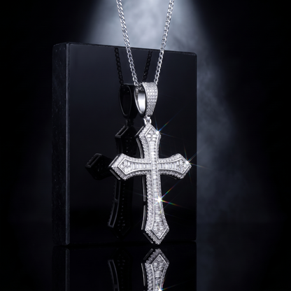 14k White Gold Iced Out Baguette Cross Pendant