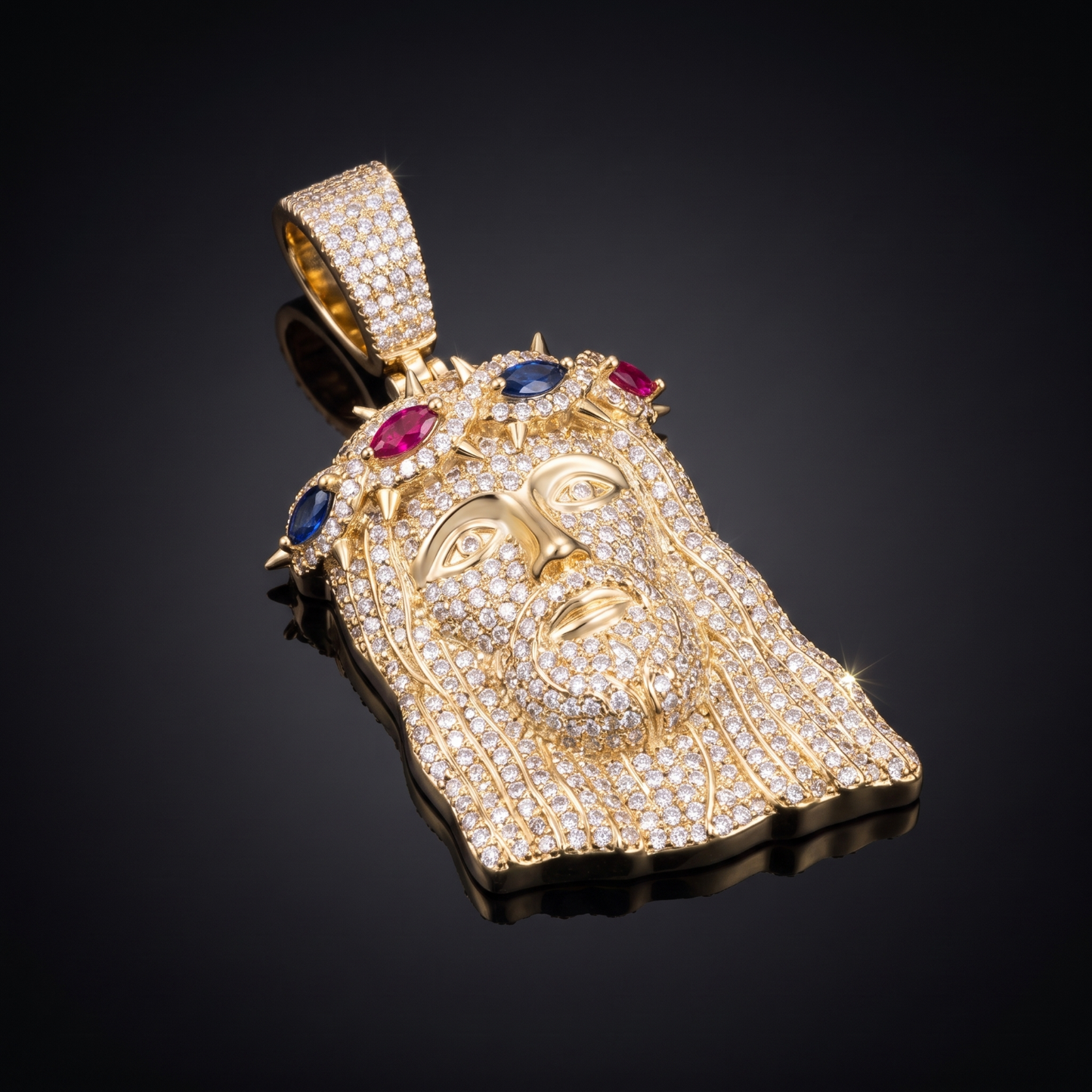 14k Gold Iced Out Multicolor Jesus Crown of Thorns Pendant - Small