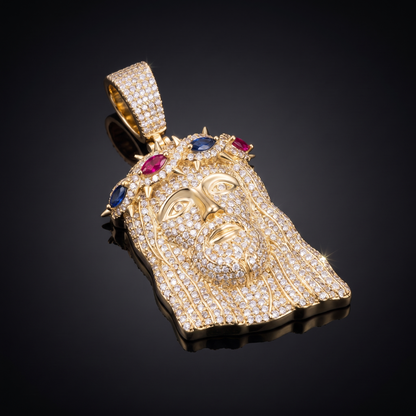 14k Gold Iced Out Multicolor Jesus Crown of Thorns Pendant - Small