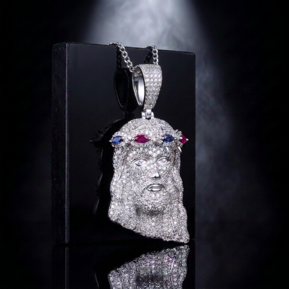 14k White Gold Iced Out Multicolor Jesus Crown of Thorns Pendant - Large