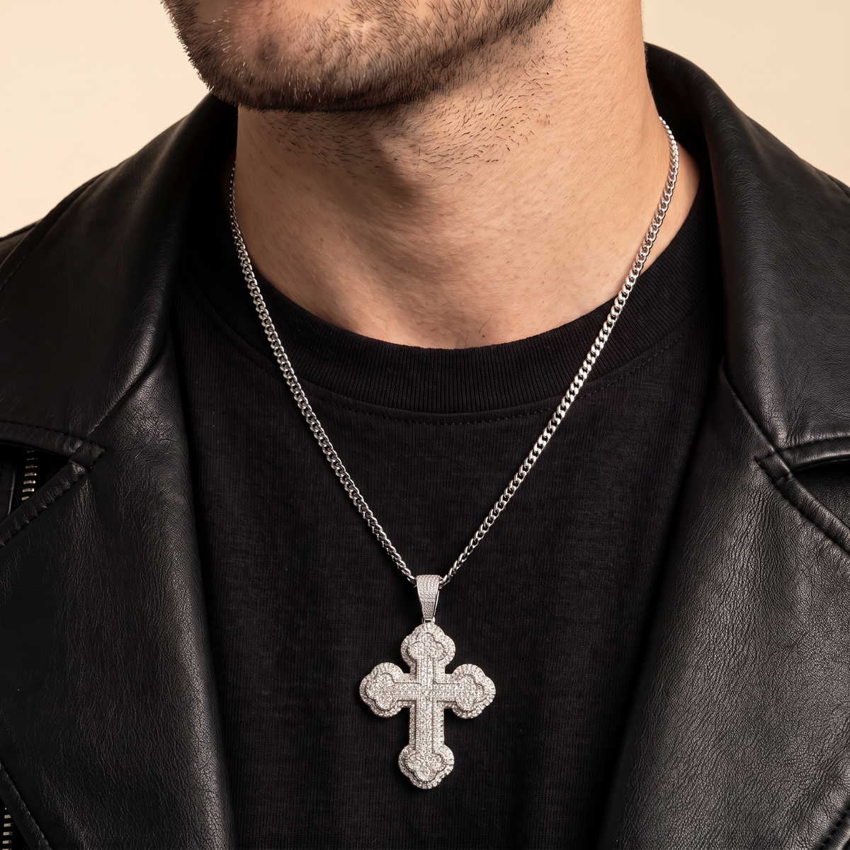 14k White Gold Iced Out Budded Cross Pendant