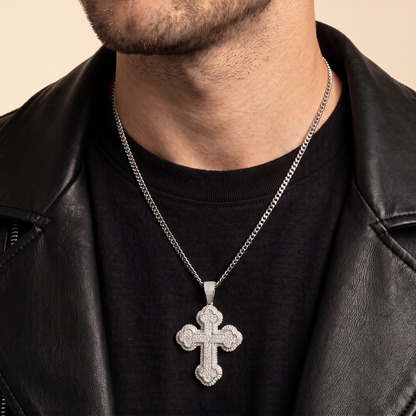 14k White Gold Iced Out Budded Cross Pendant