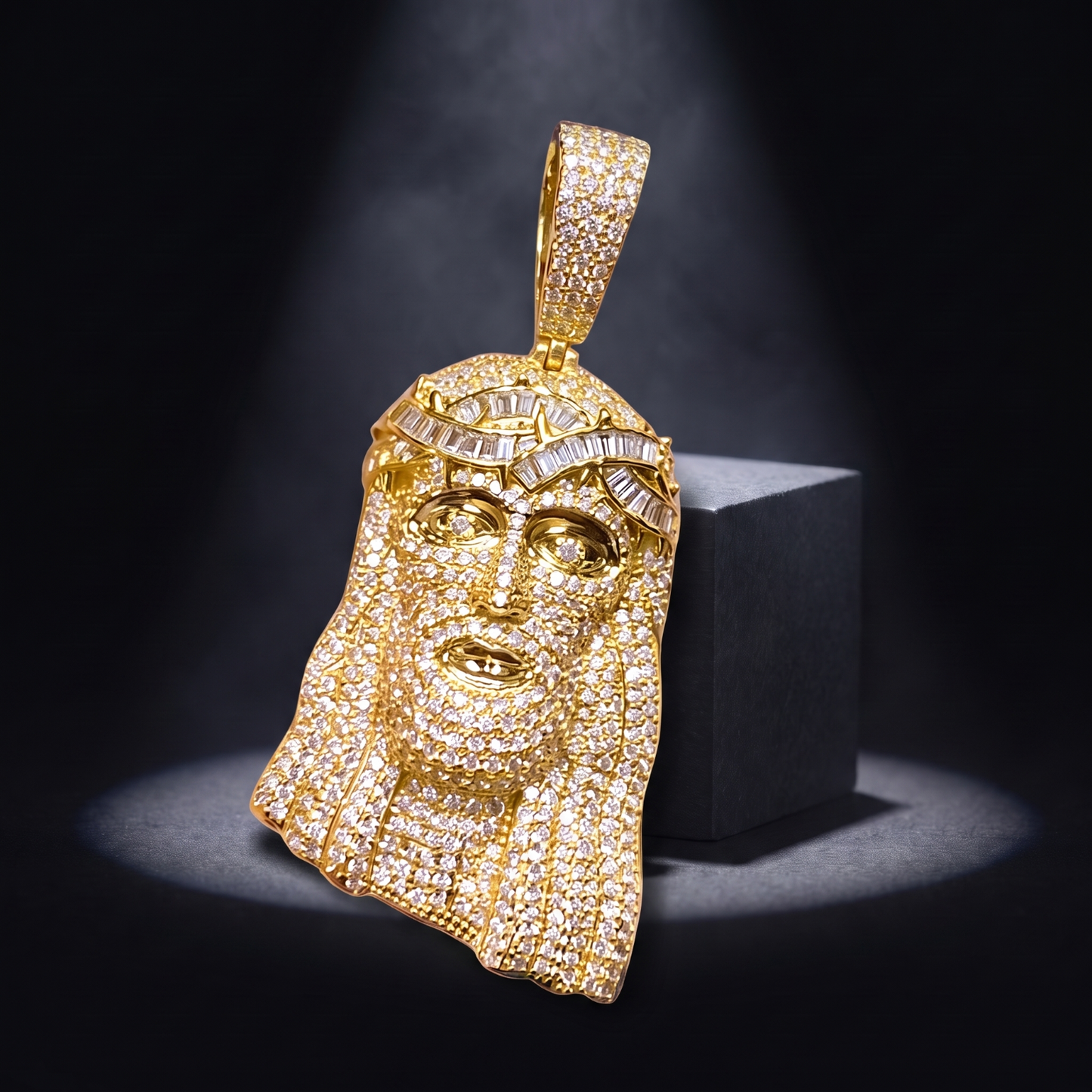 14k Gold Iced Out Jesus Face Pendant