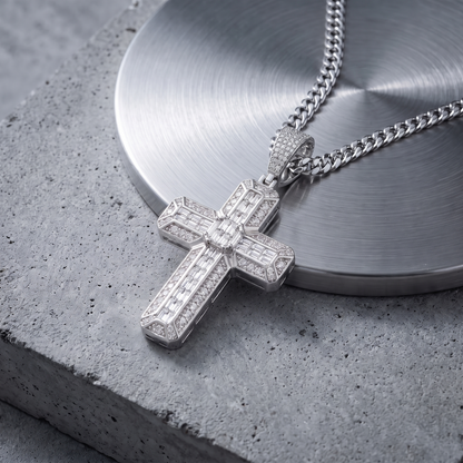 14k White Gold Iced Out 3D Iced Baguette Cross - Small