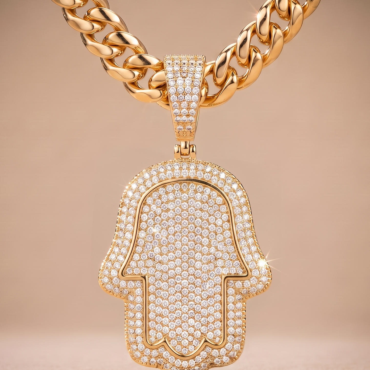14k Gold Iced Out Hamsa Hand Pendant - Medium