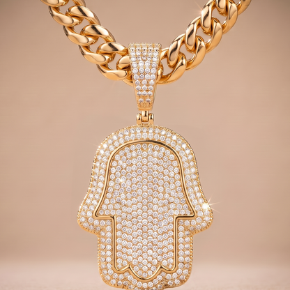 14k Gold Iced Out Hamsa Hand Pendant - Medium