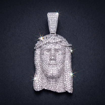 14k White Gold Iced Out Jesus Face Crown of Thorns Pendant