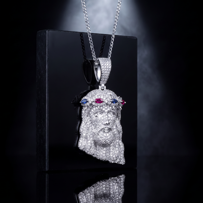 14k White Gold Iced Out Multicolor Jesus Crown of Thorns Pendant - Small