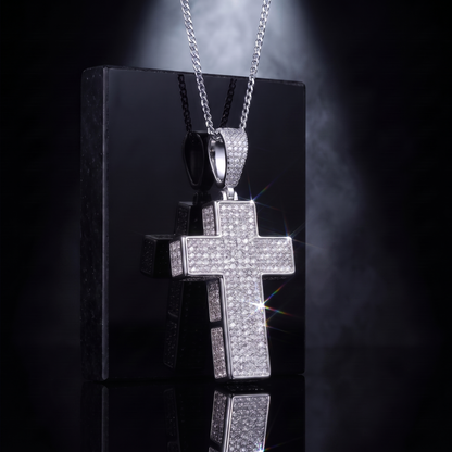 14k White Gold Iced Out 3D Cross Pendant - Medium