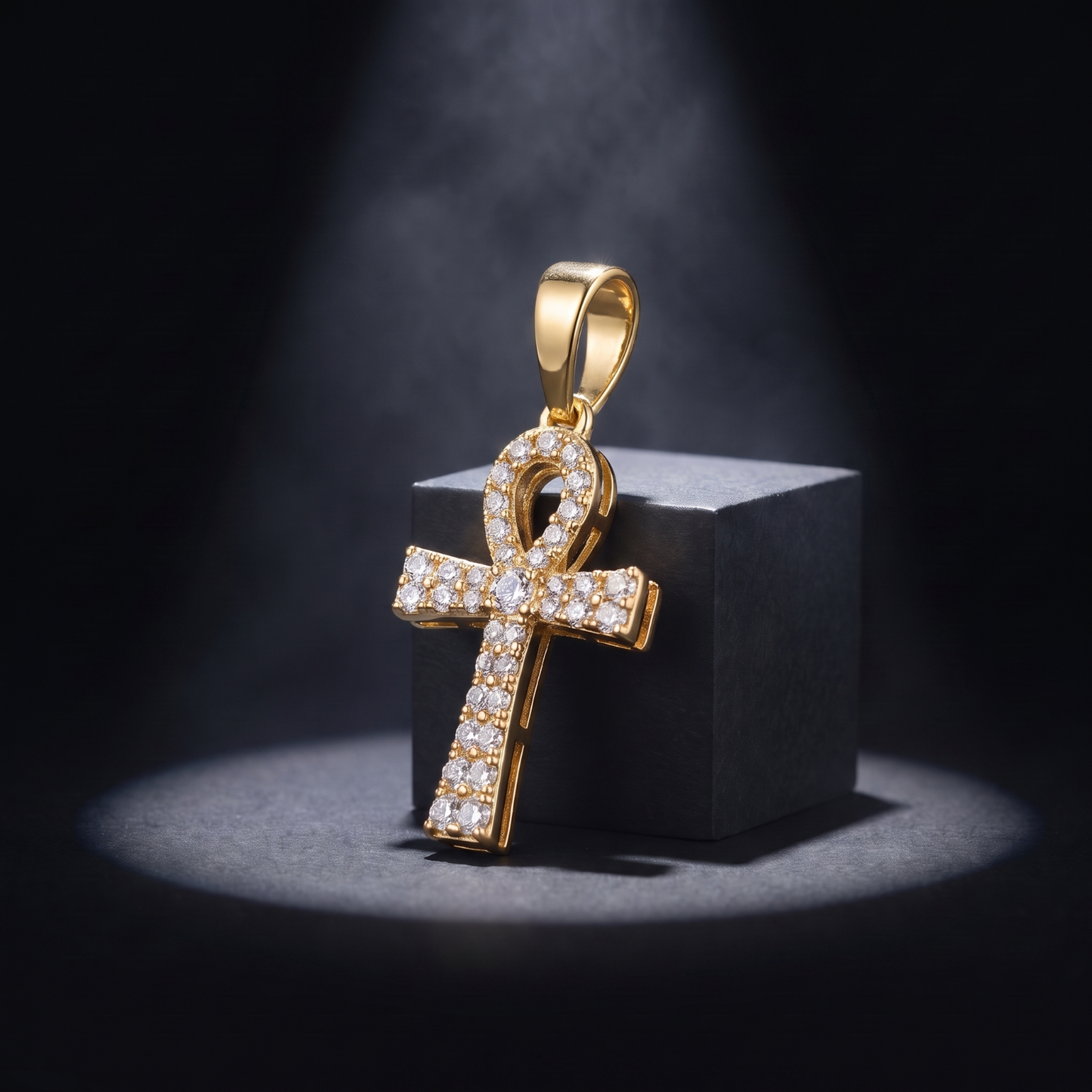 14k Gold Iced Out Tennis Ankh Cross Pendant