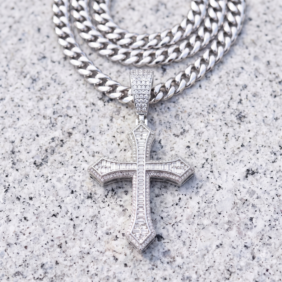 14k White Gold Iced Out Baguette Cross Pendant