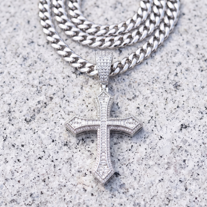 14k White Gold Iced Out Baguette Cross Pendant