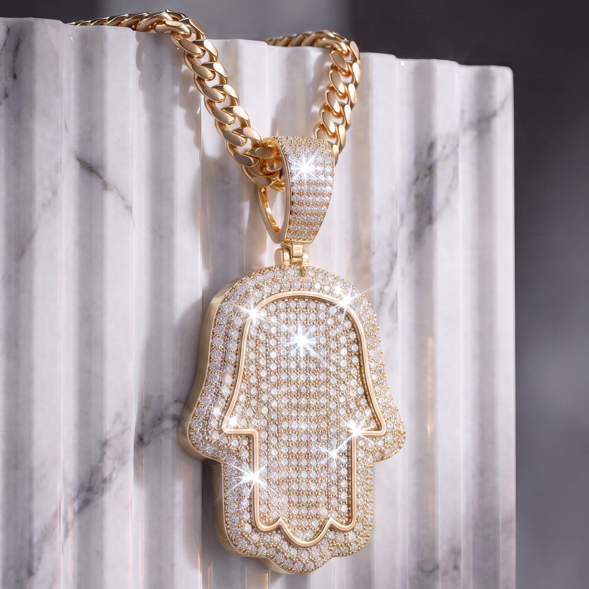 14k Gold Iced Out Hamsa Hand Pendant - Large