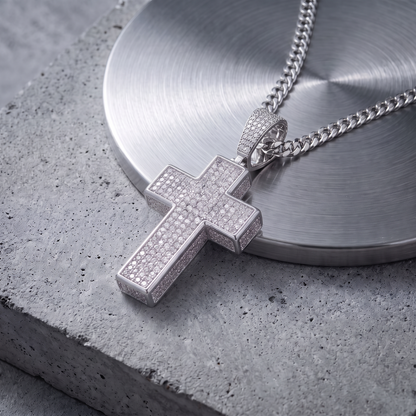 14k White Gold Iced Out 3D Cross Pendant - Medium