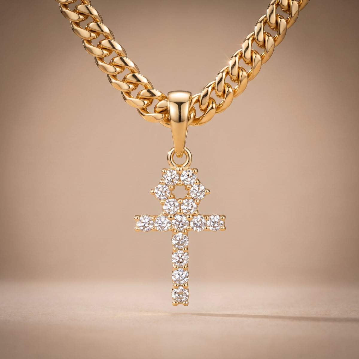 14k Gold Iced Out Tennis Ankh Cross Pendant
